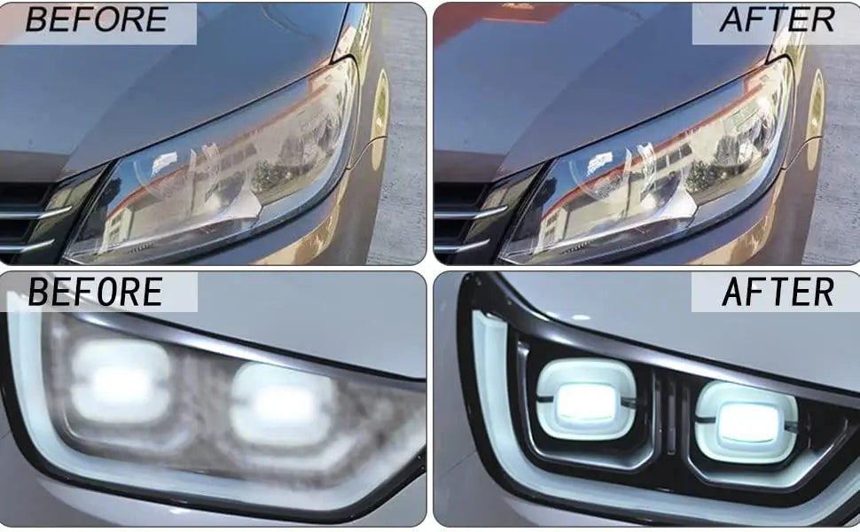 Before and after comparison of car headlight restoration using a sanding disc and polishing pad kit.
