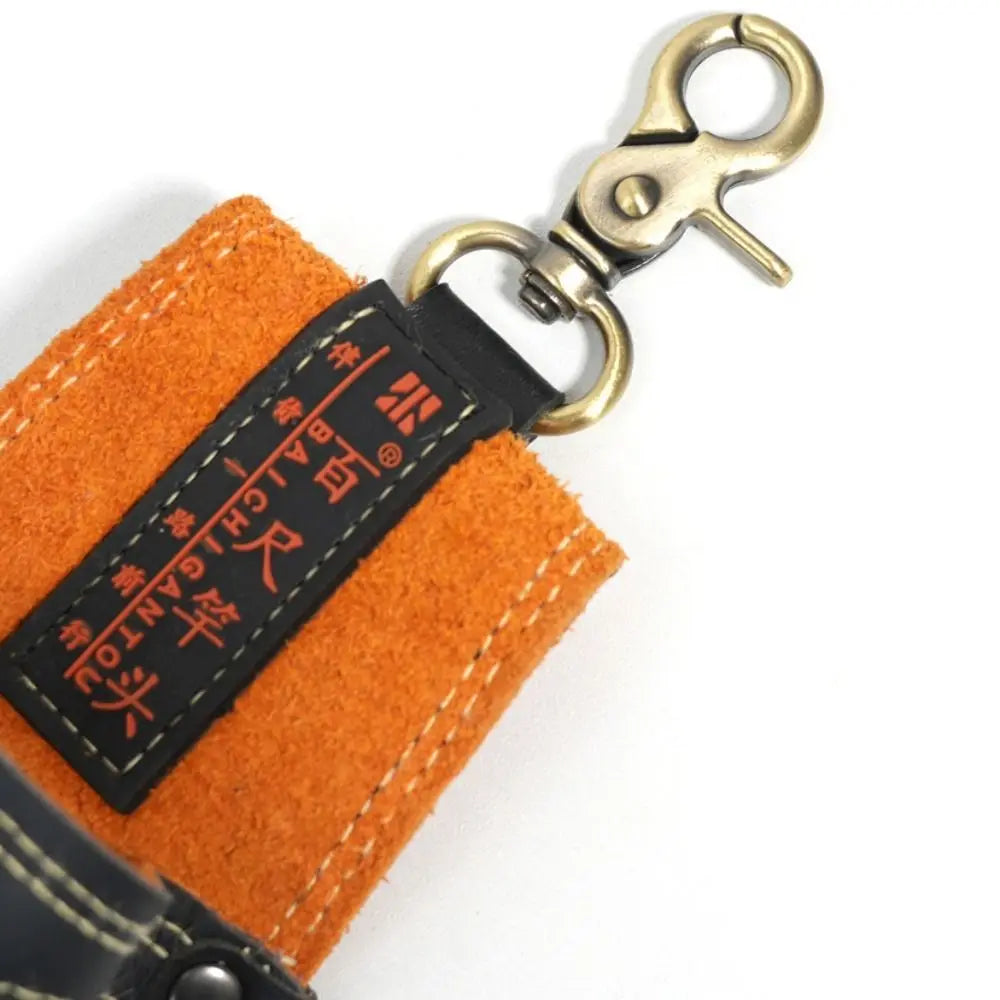 Orange heavy-duty cowhide welding rod storage bag with a metal hanging hook.