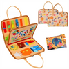 A wooden Montessori busy board for toddlers featuring colorful puzzles and sensory learning activities.
