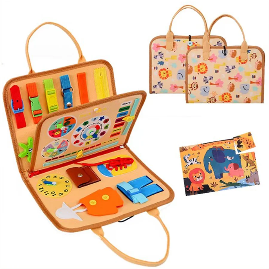 A wooden Montessori busy board for toddlers featuring colorful puzzles and sensory learning activities.
