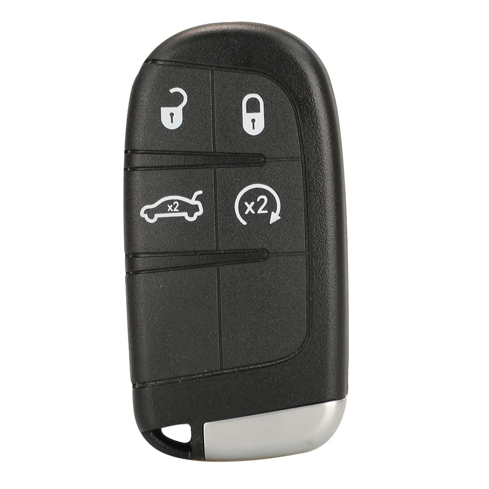 Black replacement key fob shell for Jeep, Dodge, Chrysler, and Fiat vehicles featuring various buttons.