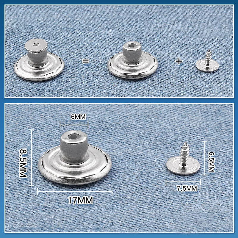 A set of instant no-sew snap buttons and fasteners shown in various sizes and configurations on a blue fabric background.