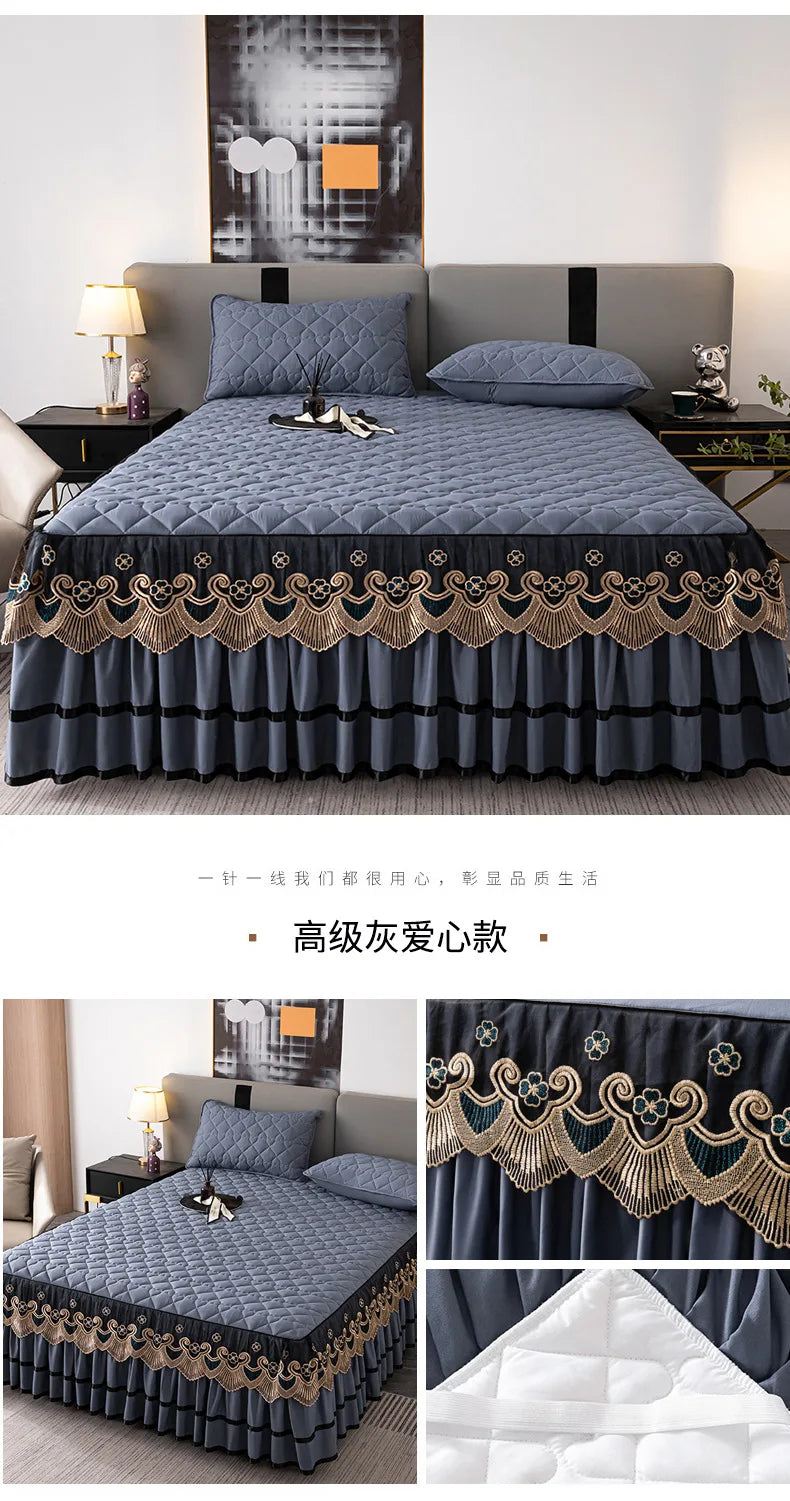 Gold Embroidered Lace Bed Skirt with Heart Pattern