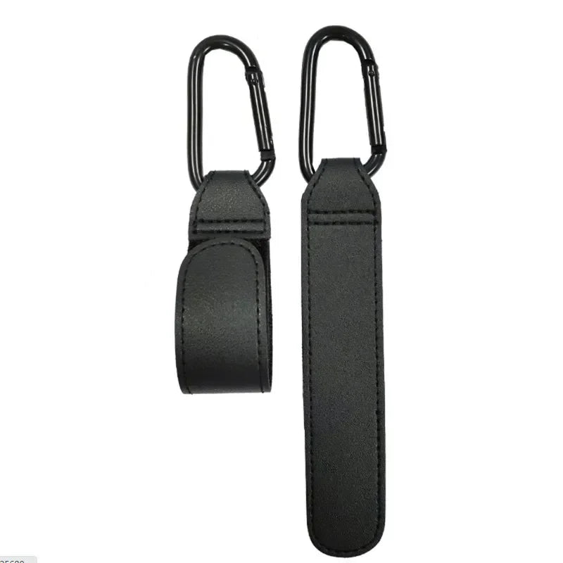 Black 360° rotating stroller hook with a PU leather baby bag organizer.