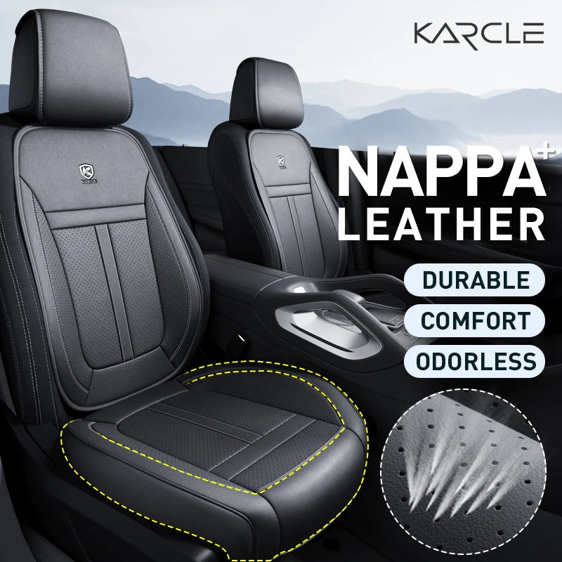 Black Nappa leather car seat covers for front seats showing a close-up of the material texture