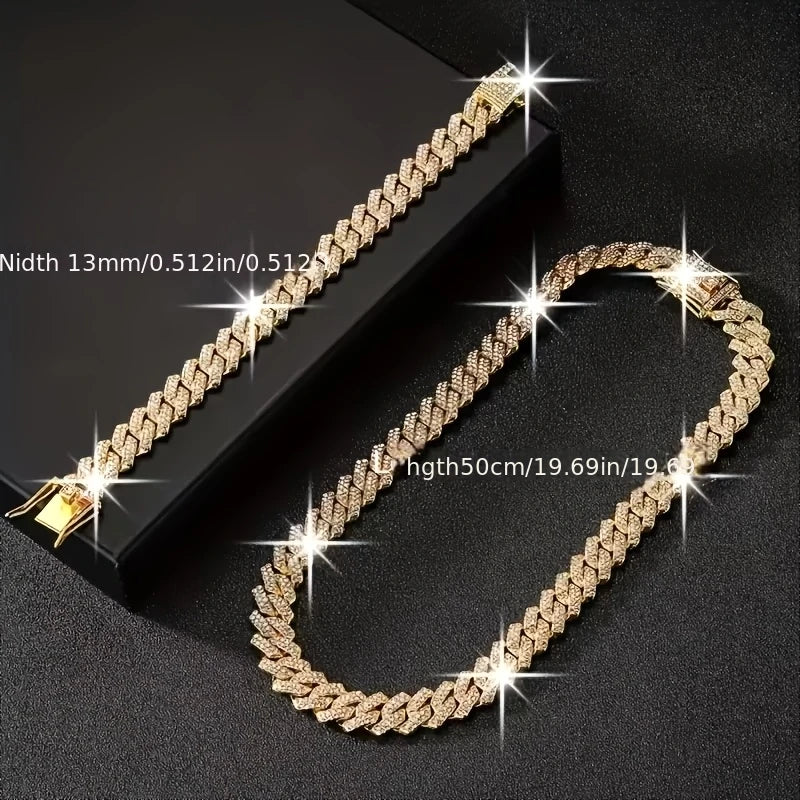 Heavy Cuban Chain Jewelry Set with Crystal Accents