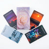 A collection of oracle cards featuring various emotions and situations like exhaustion, confusion, silence, and chemistry.