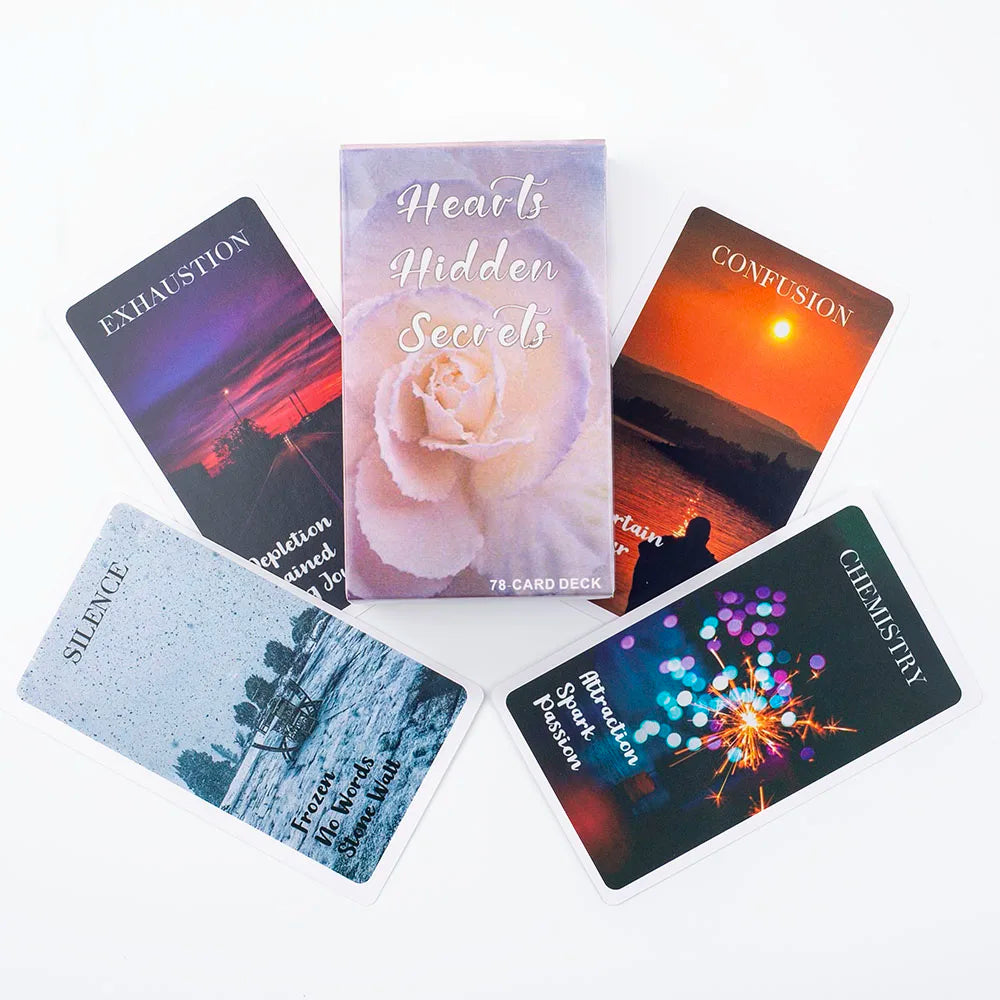 A collection of oracle cards featuring various emotions and situations like exhaustion, confusion, silence, and chemistry.