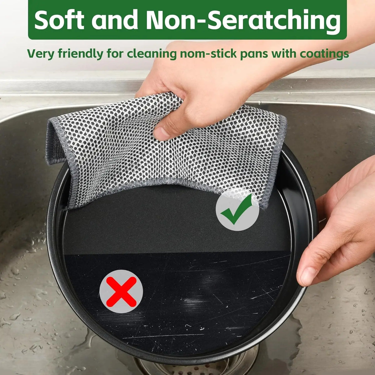 A hand is using a soft, non-scratching dishcloth to clean a non-stick pan in a sink.