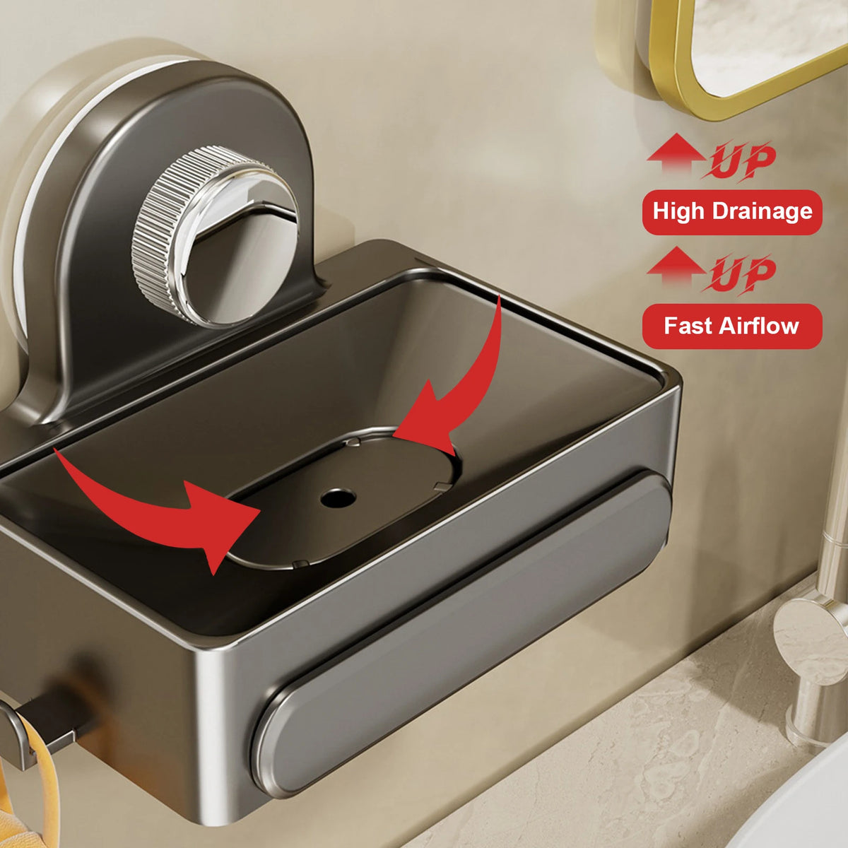 Chrome wall-mounted soap dish with a drain tray featuring upward arrows indicating high drainage and fast airflow.
