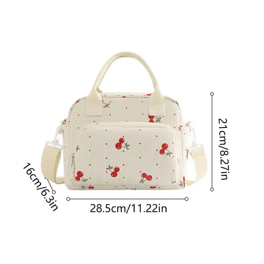 Strawberry Corduroy Insulated Lunch Bag with Large Capacity