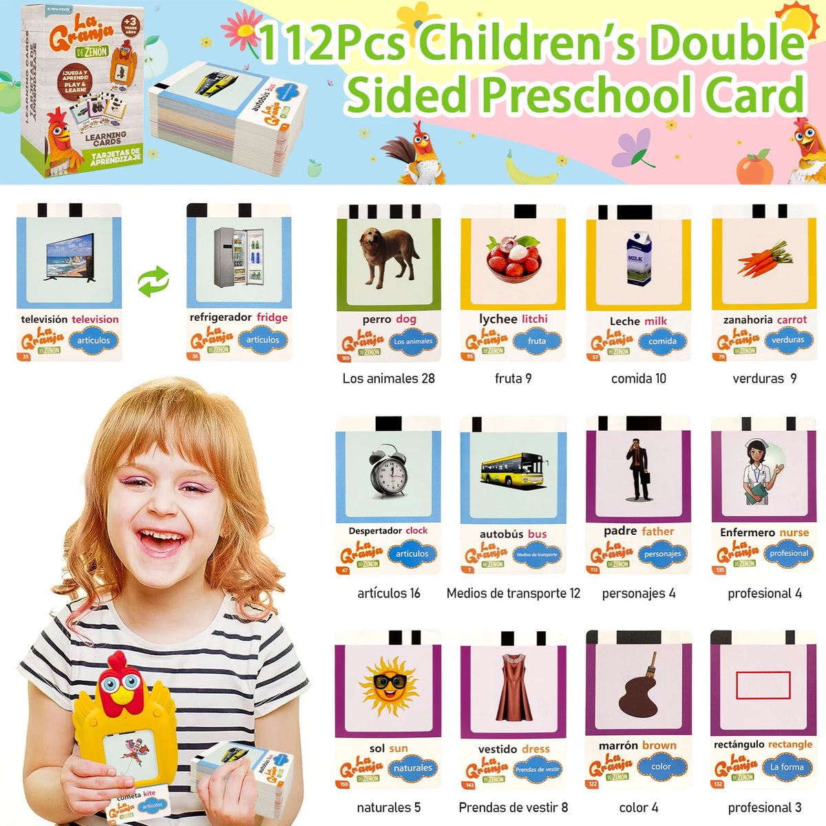 A set of 112 double-sided preschool cards for children's learning, featuring various vocabulary and sight words.