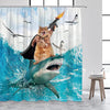 Cat Riding Dinosaur Shower Curtain with Ocean Wave Design