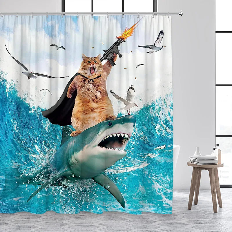 Cat Riding Dinosaur Shower Curtain with Ocean Wave Design