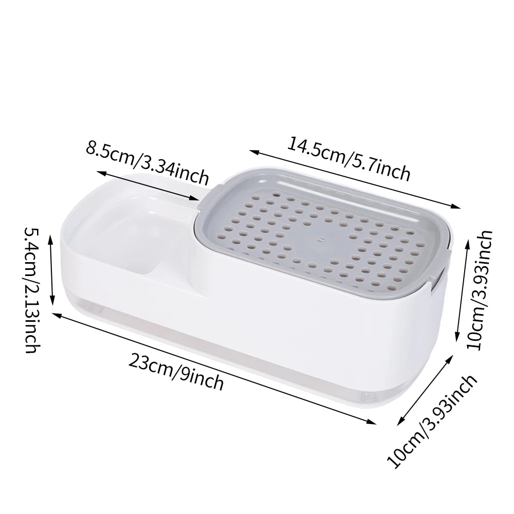 White countertop soap dispenser with a built-in grid for holding sponges.