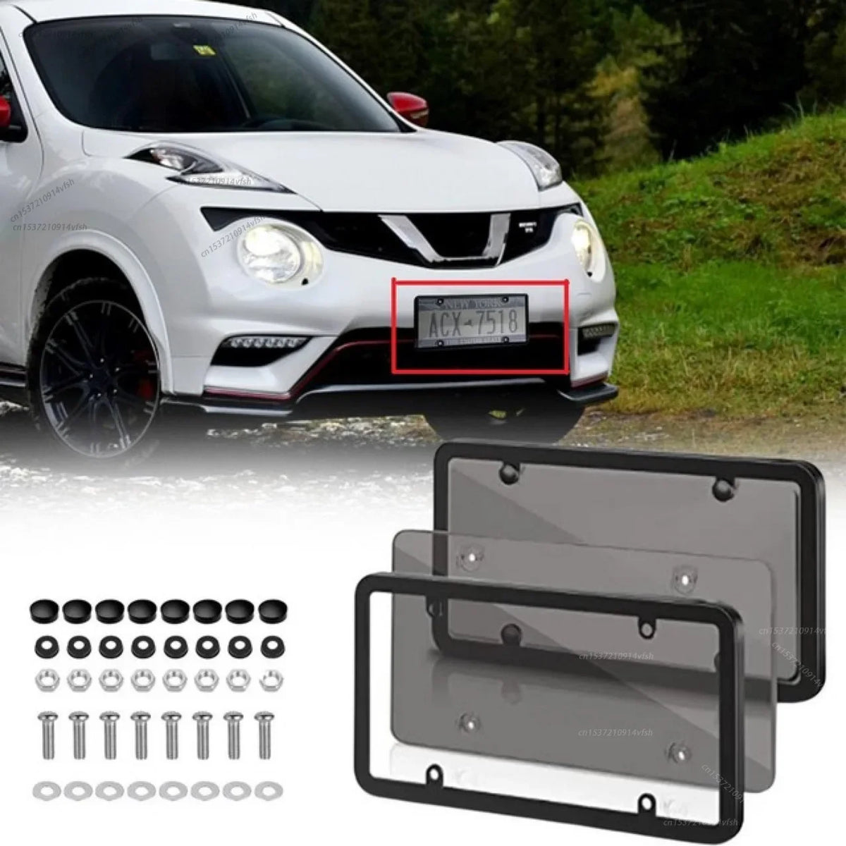 Two black tinted license plate protectors are shown next to a white car.