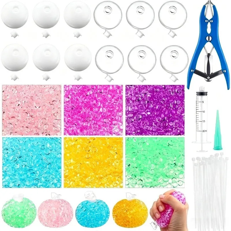 A collection of various colored stress relief squeeze balls and related tools for DIY use.