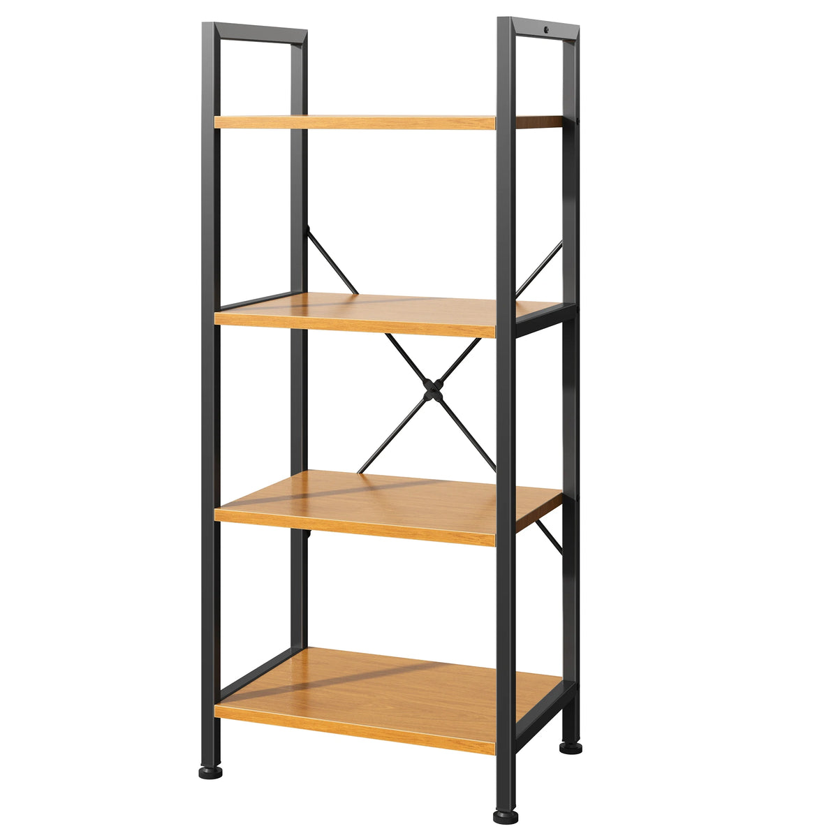 A tall, black industrial bookshelf with four wooden shelves and metal supports.