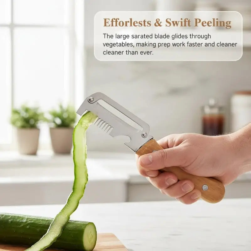 Multi-Functional Vegetable Peeler with Wooden Handle and Bottle Opener