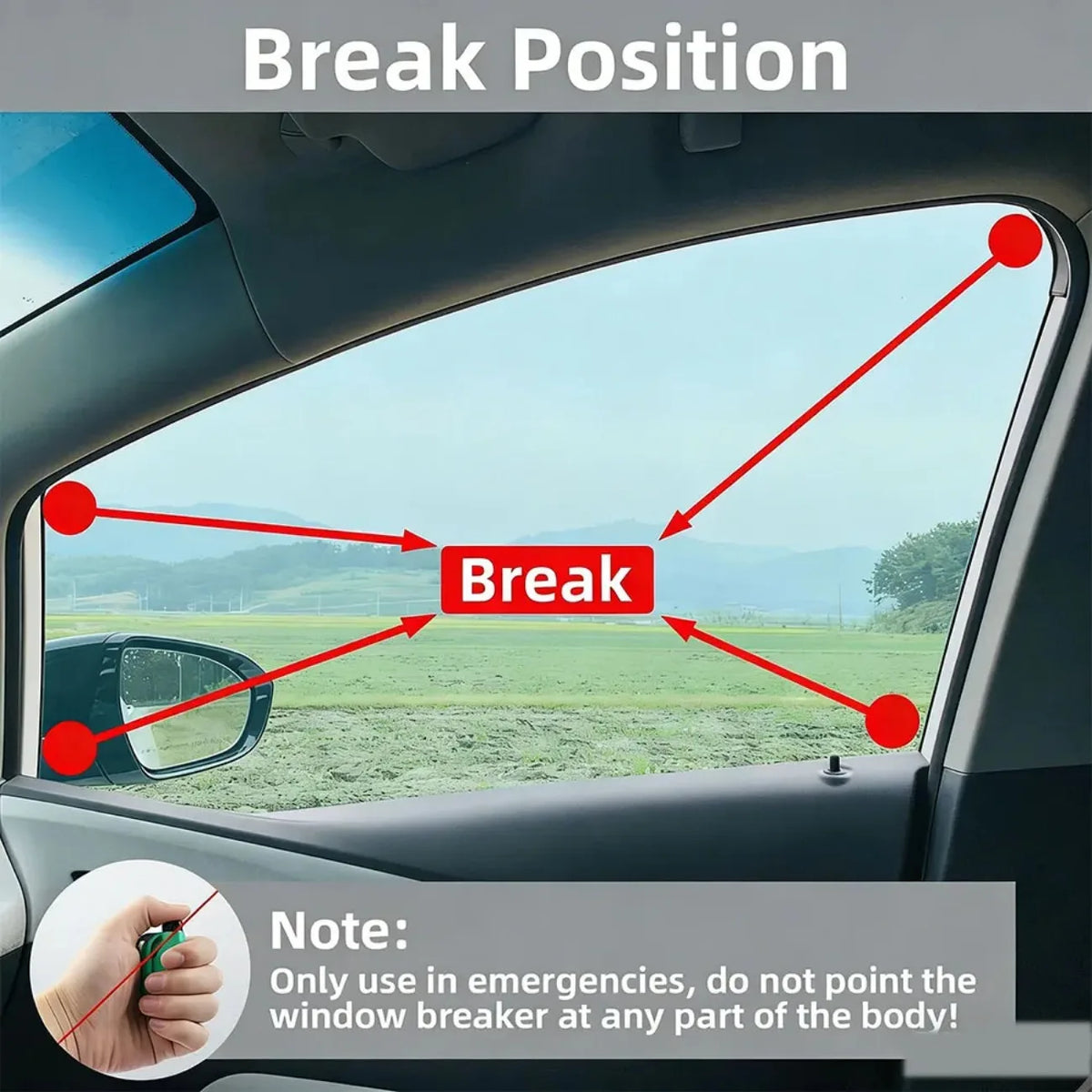 Diagram showing the break position on a car window with red lines indicating the location for an emergency tool.