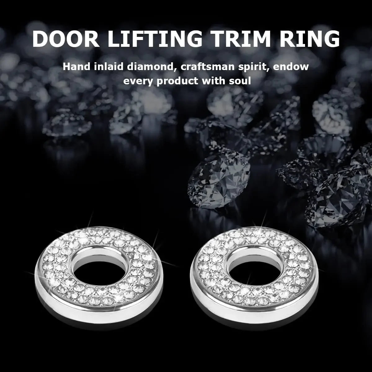 A close-up shot of four silver door lifting trim rings adorned with sparkling diamonds and rhinestones.