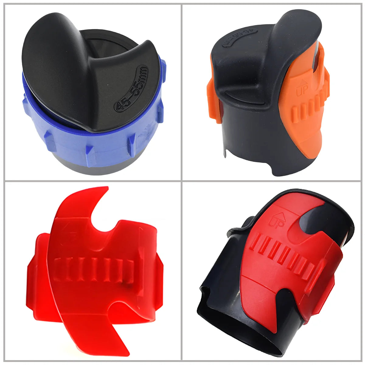 A set of red and black motorcycle fork seal cleaning tools for 45–55mm shock absorbers shown in various angles.