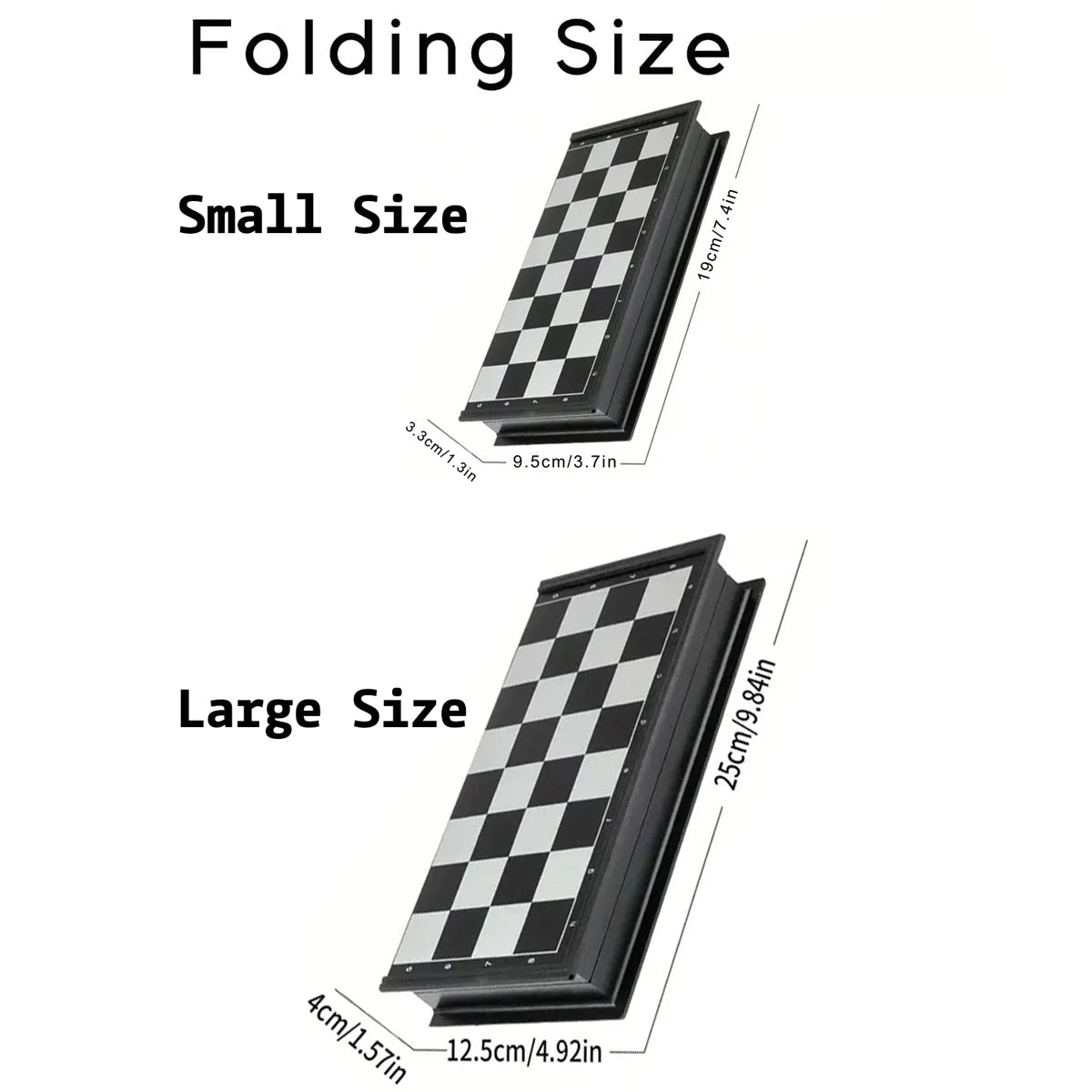 Diagram showing the folding sizes of a luxury magnetic chess set, illustrating small and large board dimensions.