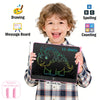 A smiling child holds a black LCD writing tablet with a green dinosaur drawing on the screen.