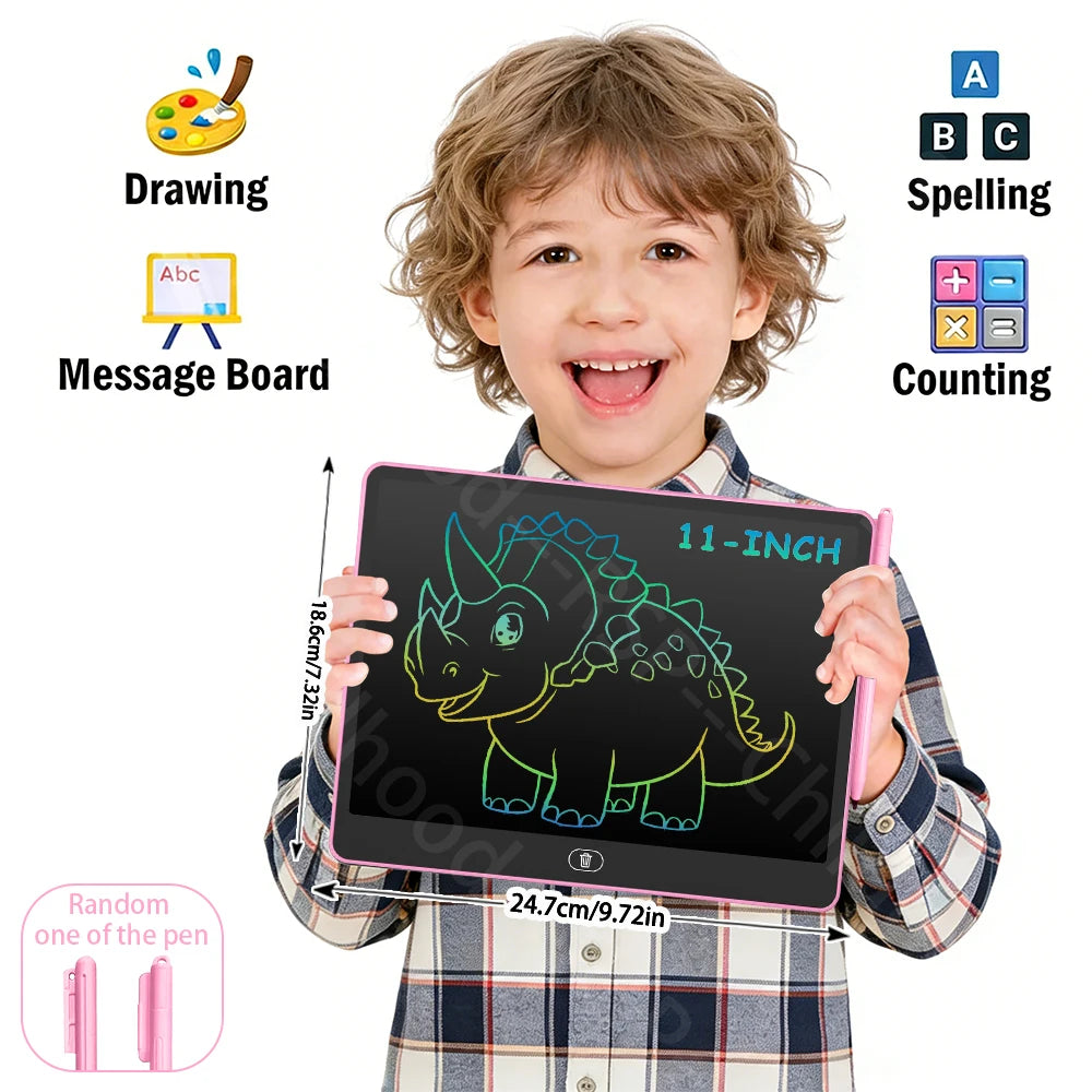 A smiling child holds a black LCD writing tablet with a green dinosaur drawing on the screen.