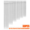 A set of 30 self-threading sewing needles with various sizes stored in a cylinder.