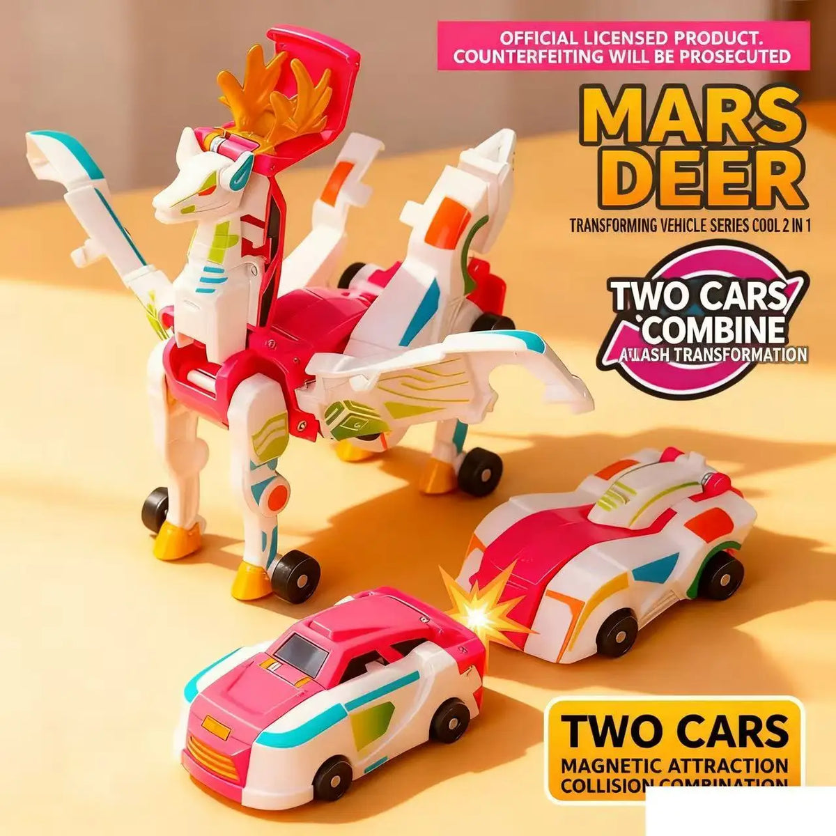 Mars Deer transforming vehicle toy set featuring a unicorn and car combining action