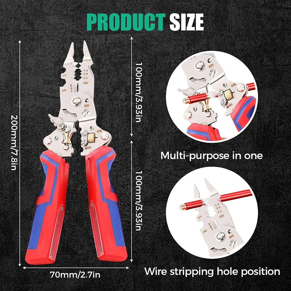 A pair of red and blue multi-purpose wire stripping tools showing different functions and hole positions.