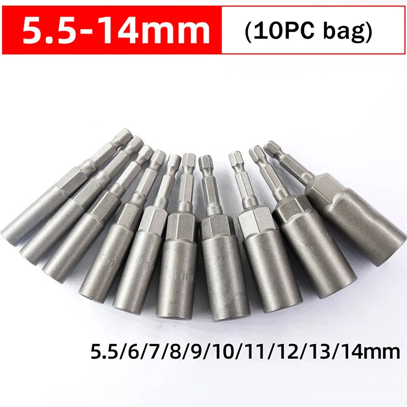 A set of stainless steel nut driver bits ranging from 5.5 to 14mm, packaged in a 10-piece bag.