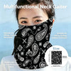 A woman models a black and white patterned multifunctional neck gaiter designed for outdoor activities.