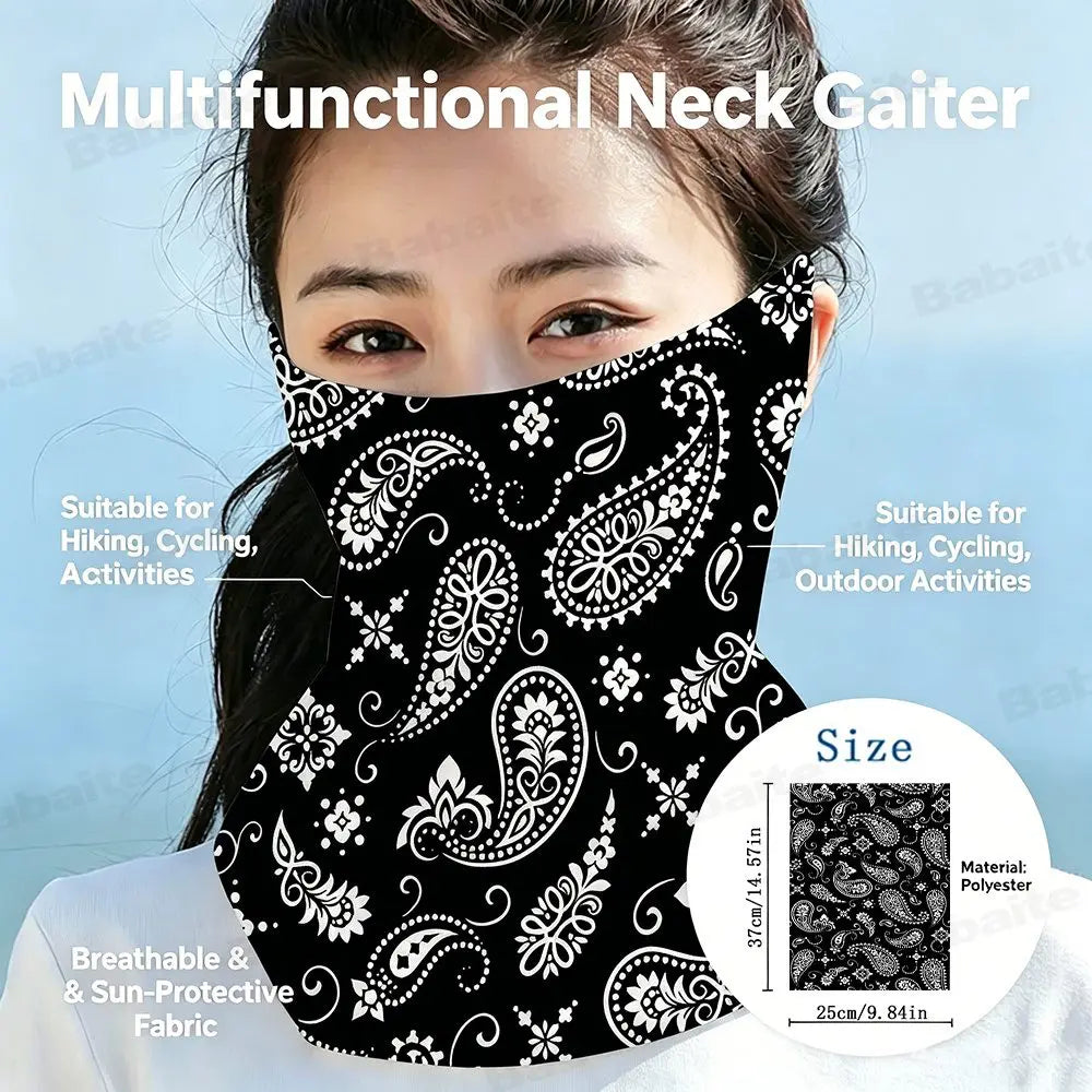 A woman models a black and white patterned multifunctional neck gaiter designed for outdoor activities.