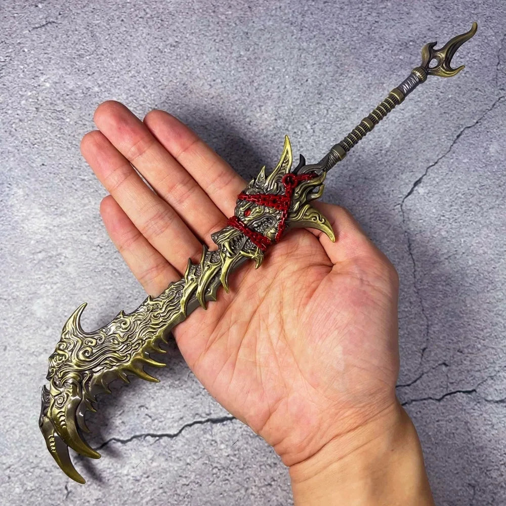 A hand holds a full-size metal katana sword inspired by Naraka: Bladepoint collectible.