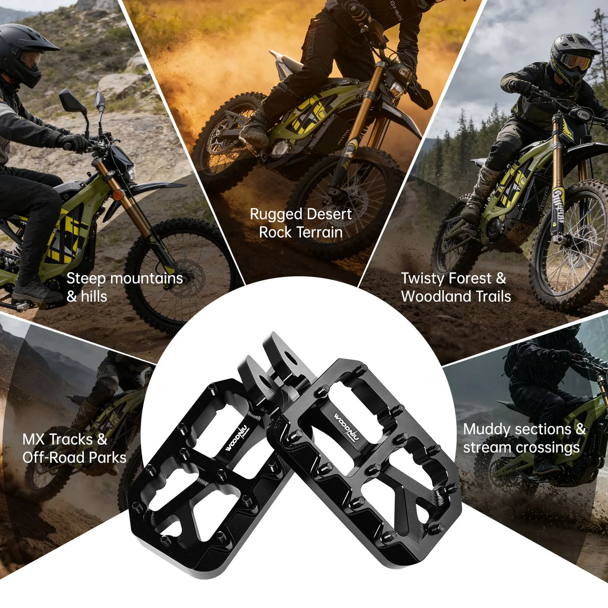 A pair of black aluminum foot pegs for electric vehicles, shown against a background of off-road motorcycle and terrain shots
