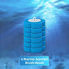A stack of six blue marine-scented disposable toilet brush heads against a blue, watery background.