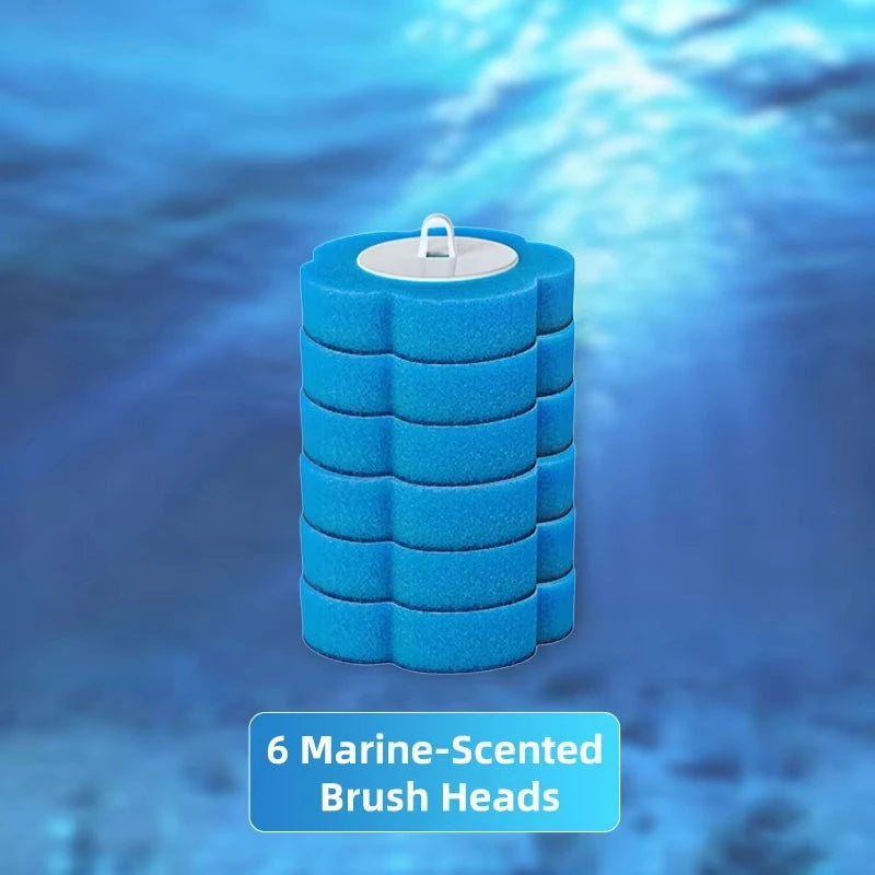 A stack of six blue marine-scented disposable toilet brush heads against a blue, watery background.