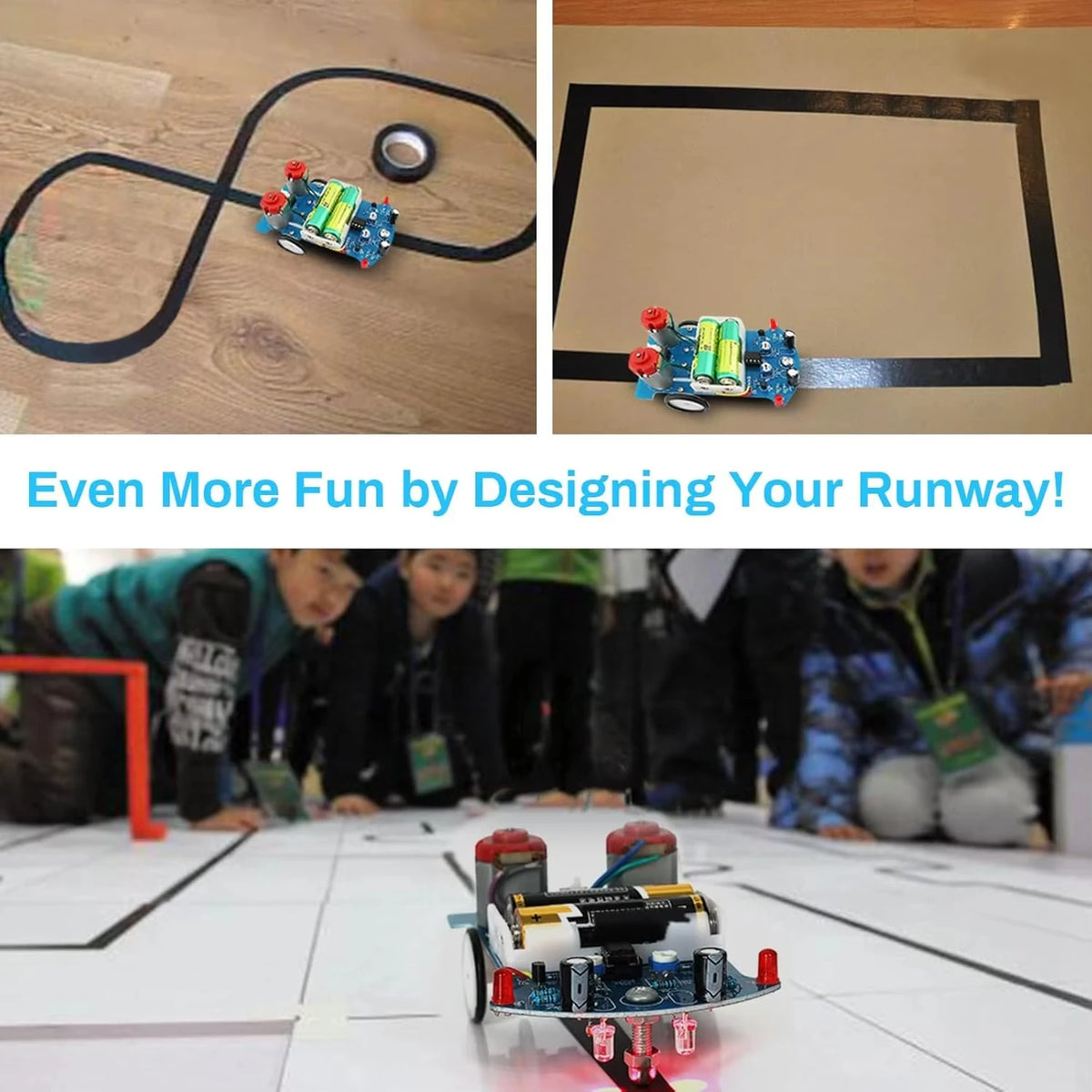 A small line-following robot built with an Arduino and various electronic components on a white surface.