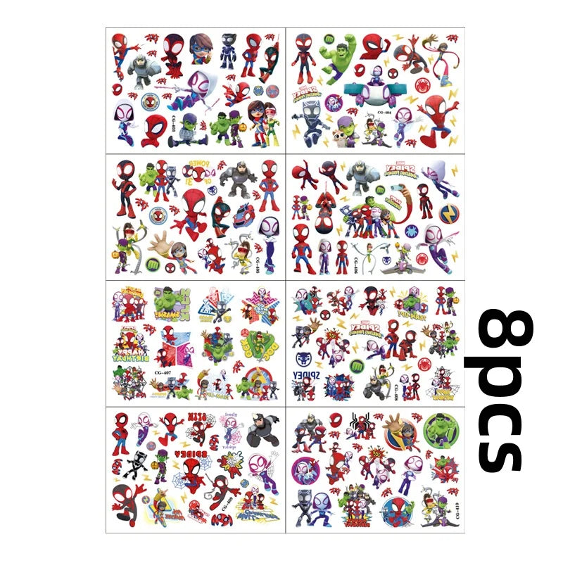 A grid of various Spidey and Friends themed temporary tattoos for kids' parties featuring characters like Spider-Man and othe