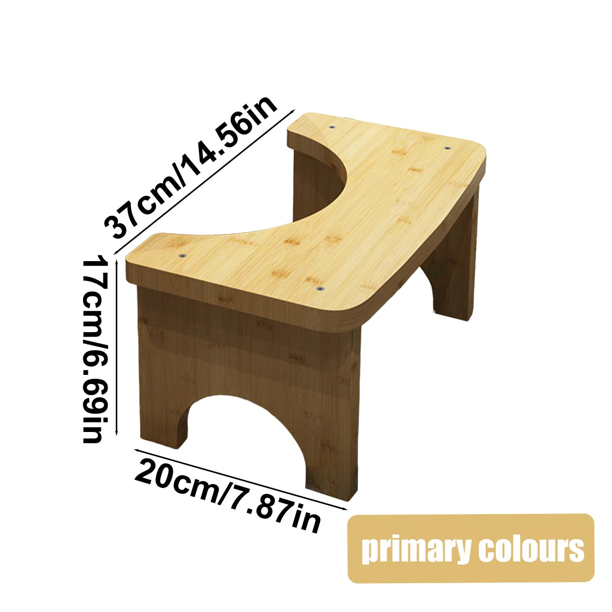 A light wood bamboo toilet squat stool with dimensions 37cm/14.56in high and 20cm/7.87in wide.