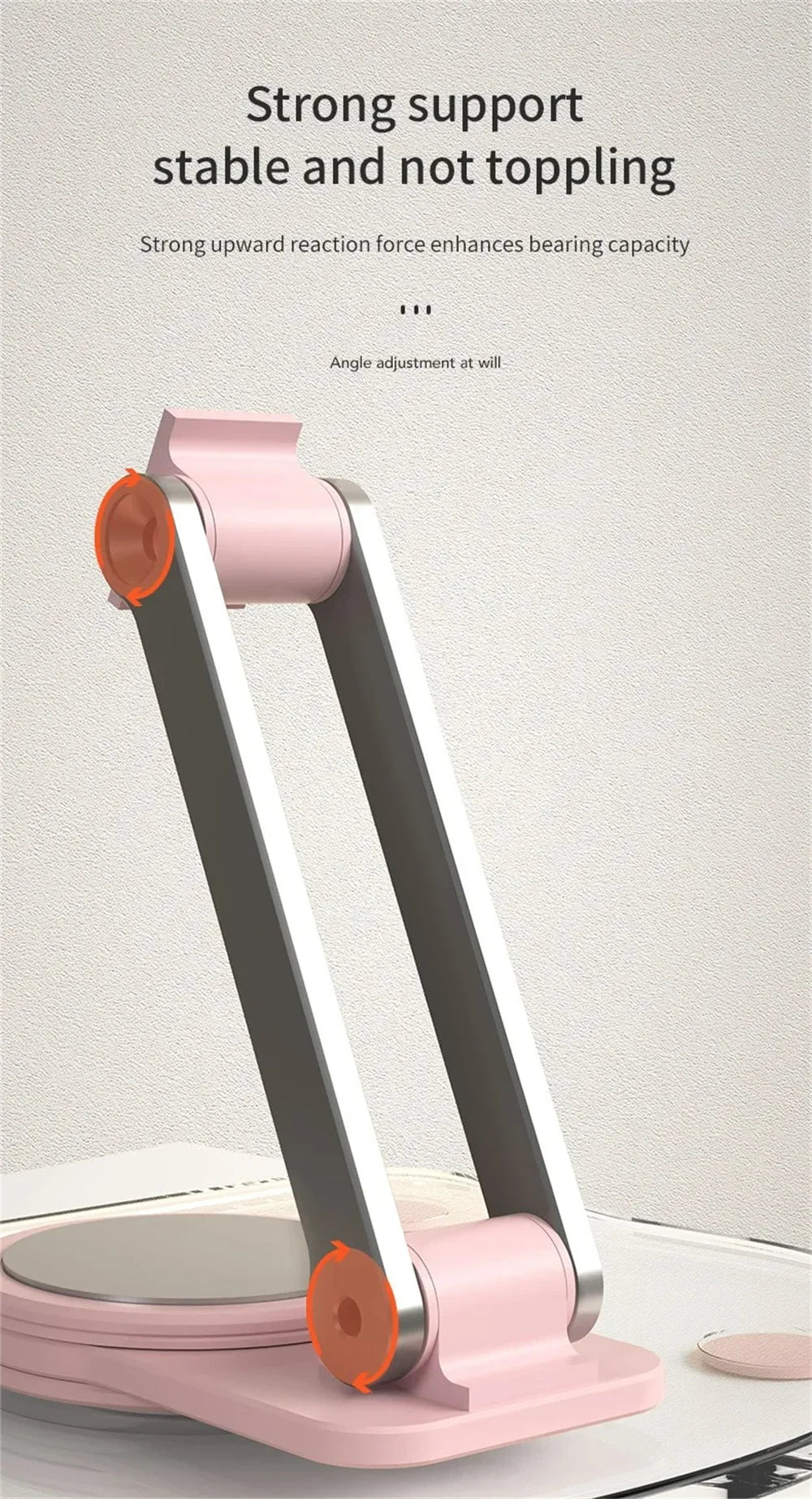 A pink acrylic tablet stand with a silver arm, demonstrating strong support and angle adjustment.
