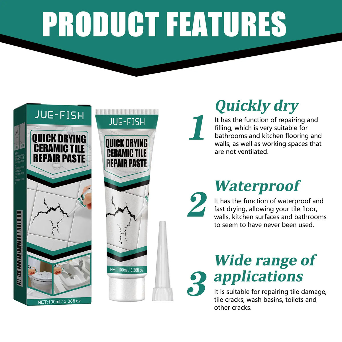 Box and tube of Jue-Fish quick drying ceramic tile repair paste for cracks and damage