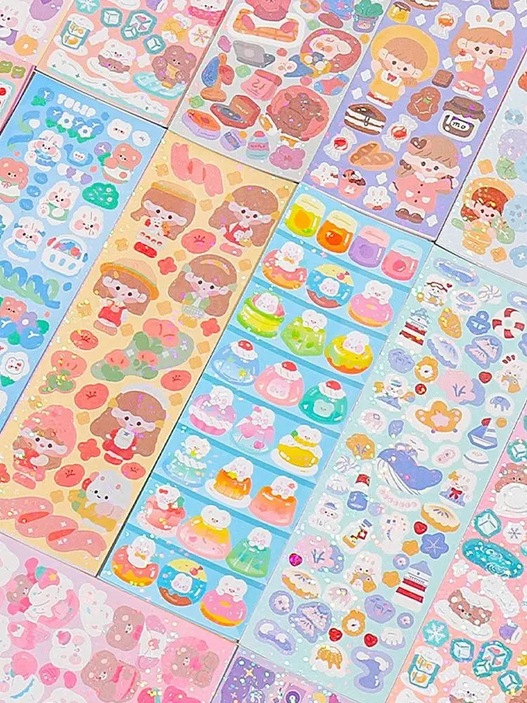A colorful assortment of kawaii stickers featuring cute characters, food items, and various designs for journaling and crafts
