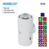 A white rechargeable motion sensor RGB LED night light with various color options displayed on the side.