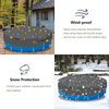 A round pool cover with blue and gray fabric is shown protecting an outdoor pool from wind and snow.