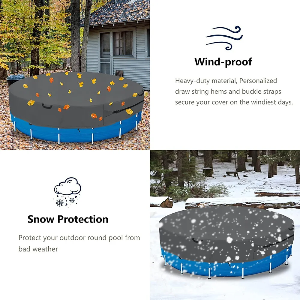 A round pool cover with blue and gray fabric is shown protecting an outdoor pool from wind and snow.