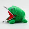 A green plush frog coin purse with a silver keychain attached to its ear.