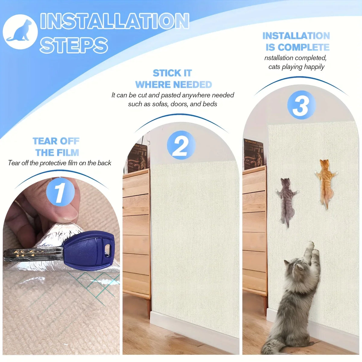 Installation steps showing how to stick the self-adhesive cat scratching mat protector onto furniture.